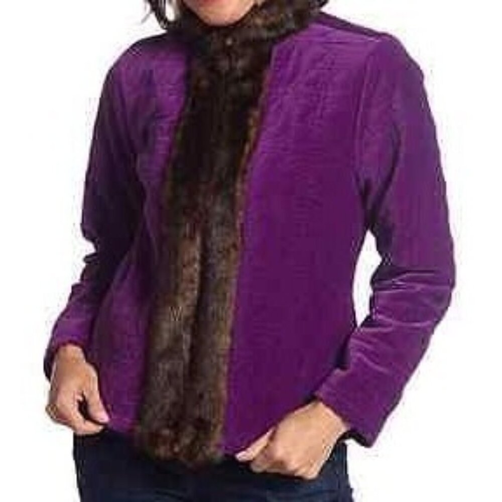 Liz Claiborne Womens Quilted Jacket Coat Size Medium Velvet Purple Faux Fur Trim